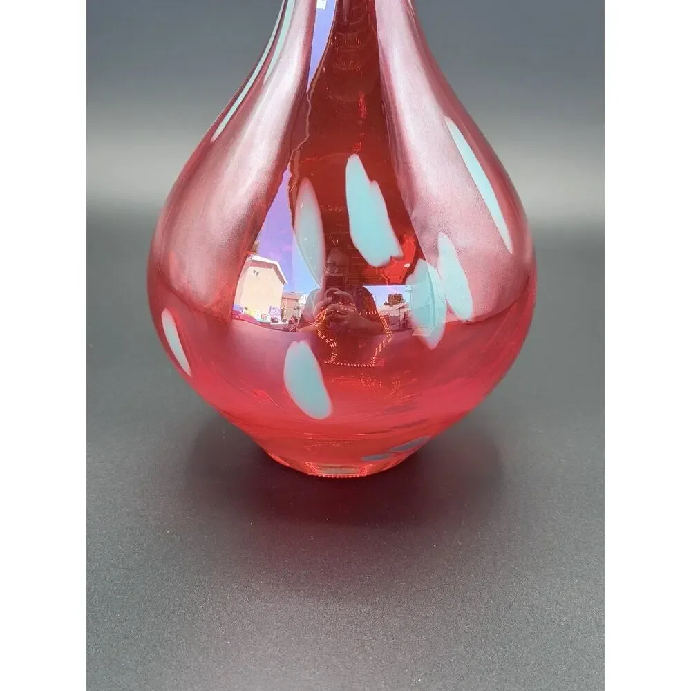 Vintage Red Swung Glass Bud Vase Applied Blue Dots MCM Art Glass 12”